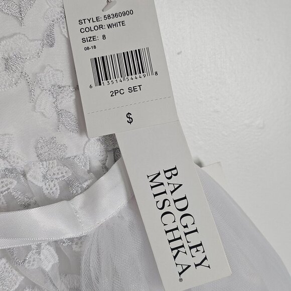 Badgley Mischka Girls White Floral Lace Tulle Dress W/ Satin Bow 2Pc Set Size 8 - Picture 3 of 14